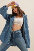 0662 Denim Balon Kollu Kot Ceket - Mavi resmi